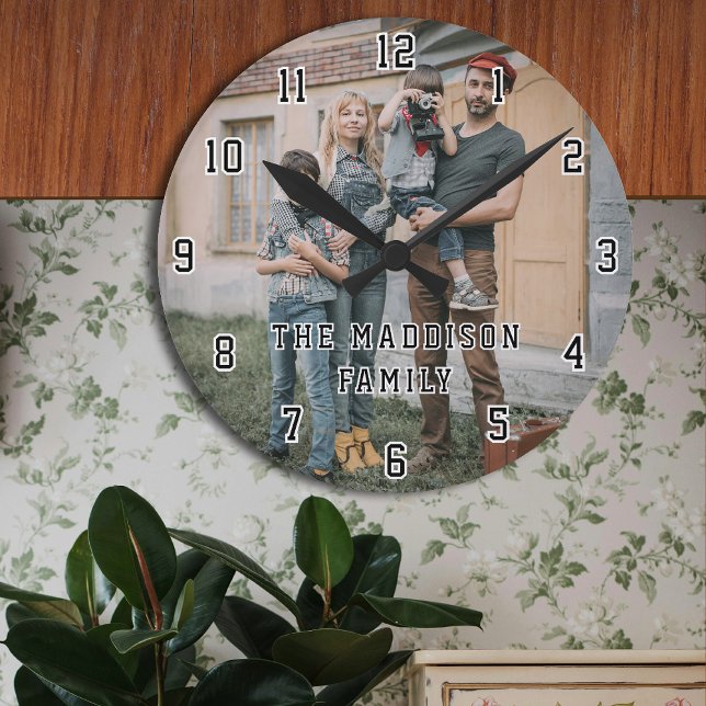 Family Photo with Modern Bold Typography  Round Clock (Creator Uploaded)