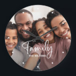 Family Photo with Modern Script Large Clock<br><div class="desc">This stylish clock features your favourite family photo,  with elegant white handwritten script typography and a spot to add your name.</div>
