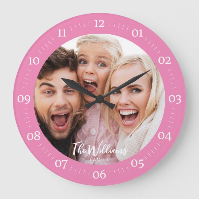 Family Photo with Modern Script Large Clock (Front)