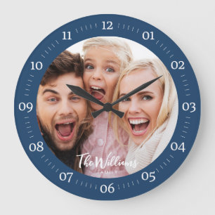 Family Photo with Modern Script Large Clock