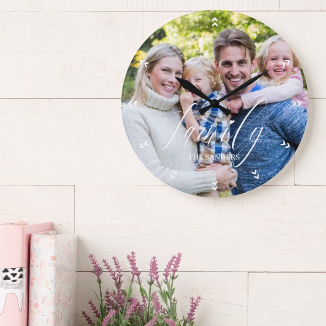 Family Photo with Modern Script Typography Large Clock (Creator Uploaded)