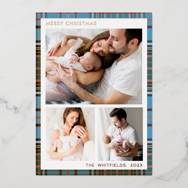 Family Photos Christmas Holidays Tartan Rose Gold Foil Holiday Card (Front)
