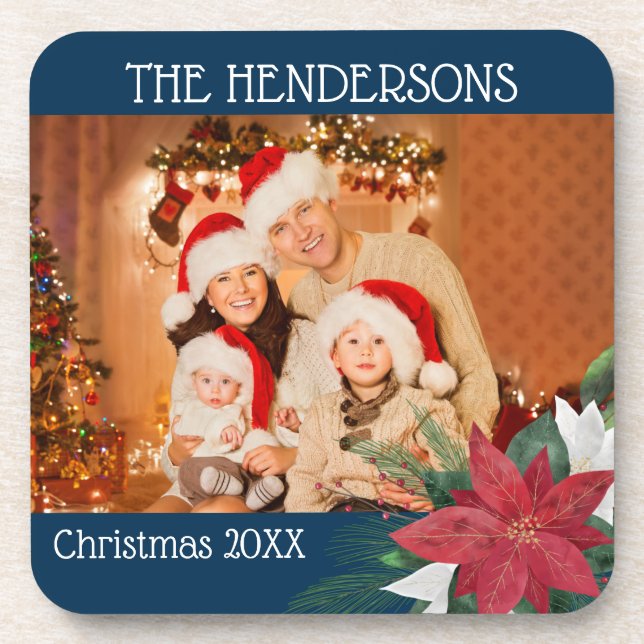 Family Photos Christmas Poinsettia Beverage Coaste Coaster (Front)