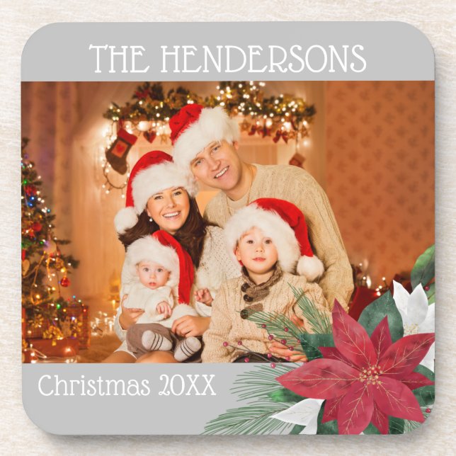 Family Photos Christmas Poinsettia Beverage Coaste Coaster (Front)