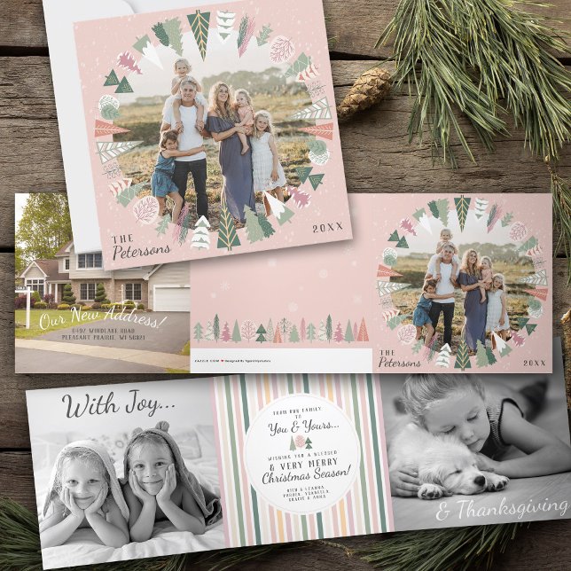 Family Photos Christmas Trees Trifold Holiday Card (Vintage Modern Chic Christmas Trees Circle multi photo family name 2023 card, pink, sage green, cute)