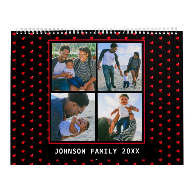 Family Photos Collage Heart Balloon Pattern Black Calendar (Cover)