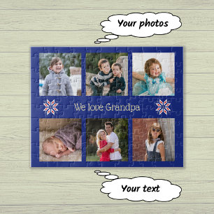 Family photos custom text navy frame christmas jigsaw puzzle