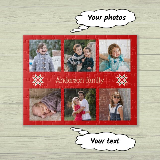 Family photos custom text red frame christmas jigsaw puzzle (Creator Uploaded)