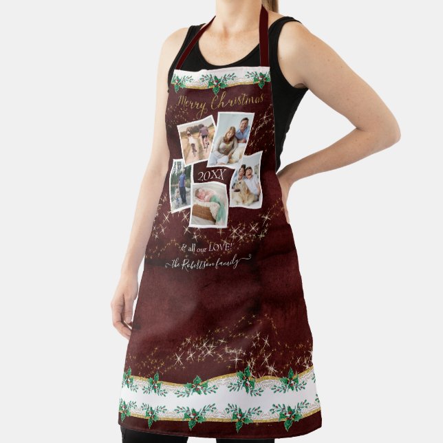 Family Photos Merry Christmas Gold Stars Red Holly Apron (Insitu)