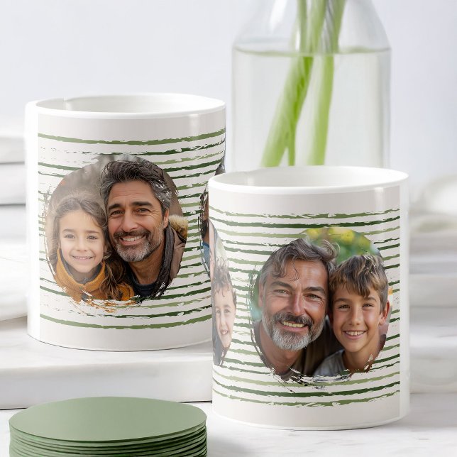 Family Photos on Neutral Green Sketch Striped Mug (Family photo gift mug)