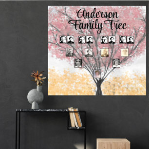 Family Photos on Watercolor Red Leaf Family Tree Poster