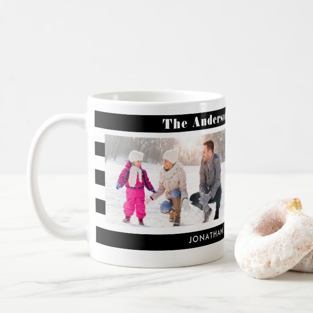 Family Photos Personalised I Trendy Black Stripes Coffee Mug (With Donut)