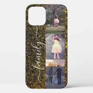 Family Photos Photo Collage Gold Black Glitter iPhone 12 Case