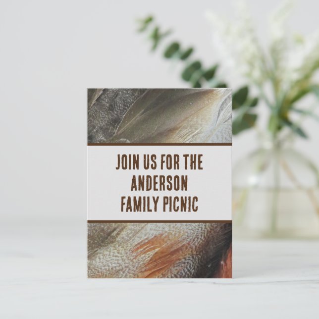 Family Picnic Announcement Feather Photo Reunion Postcard (Standing Front)