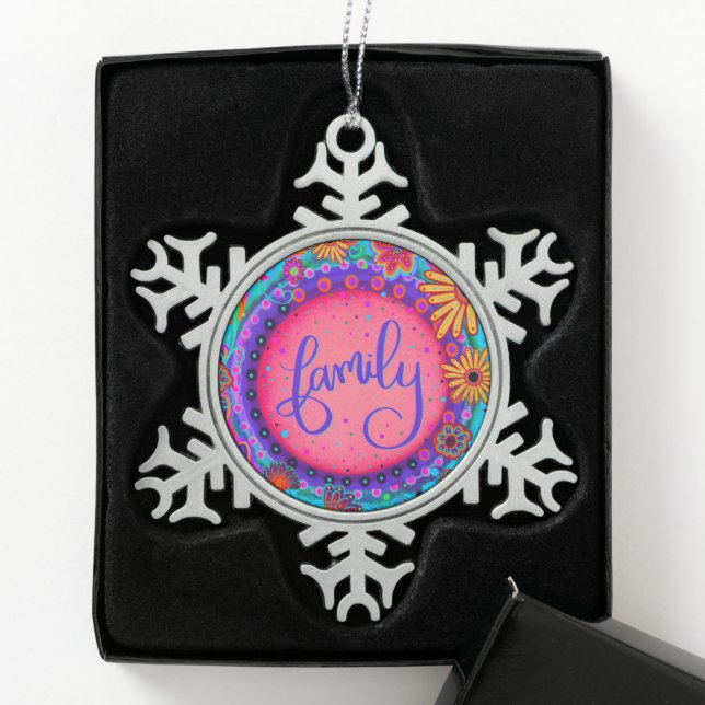 Family Pink Floral Pretty Inspirivity Snowflake Pewter Christmas Ornament (Box)
