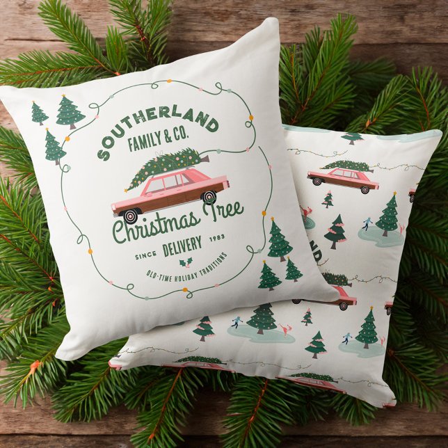 Family Pink Vintage Car Christmas Tree Delivery Cushion (Family Pink Vintage Car Christmas Tree Delivery Throw Pillow)