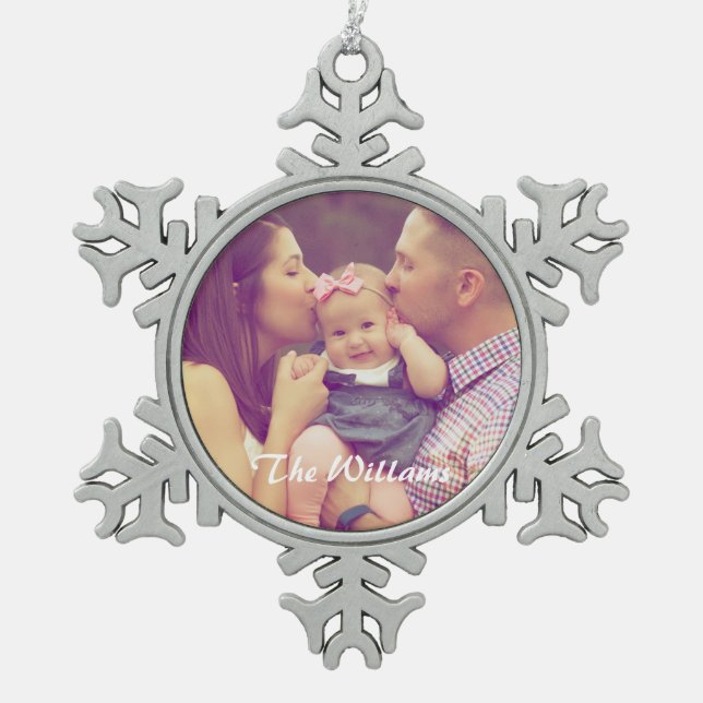 Family Portrait Snowflake Pewter Christmas Ornament (Front)