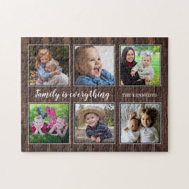 Family Quote 6 Photo Collage Rustic Wood Jigsaw Puzzle (Horizontal)