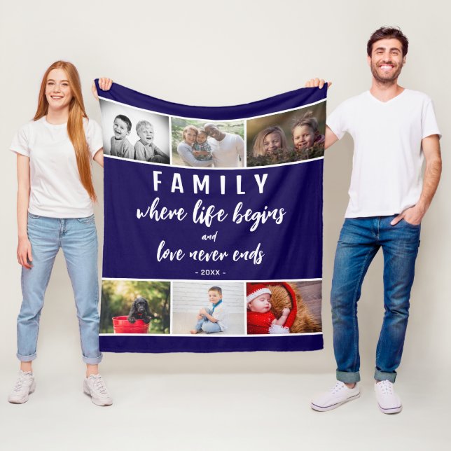 Family Quote 6 Photo Collage Script Keepsake Fleece Blanket (In Situ)