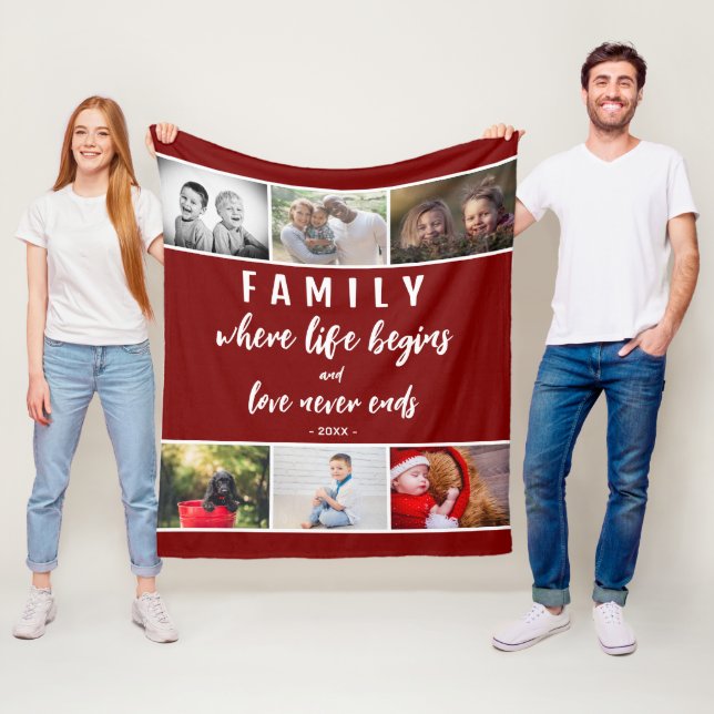Family Quote 6 Photo Collage Script Keepsake Fleece Blanket (In Situ)