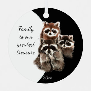 Family Quote Dated  Watercolor Racoon Animal  Metal Tree Decoration