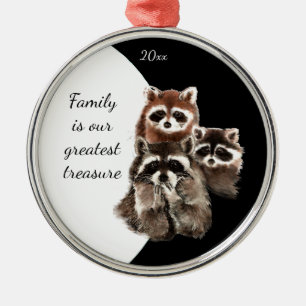 Family Quote Dated  Watercolor Racoon Animal Metal Tree Decoration