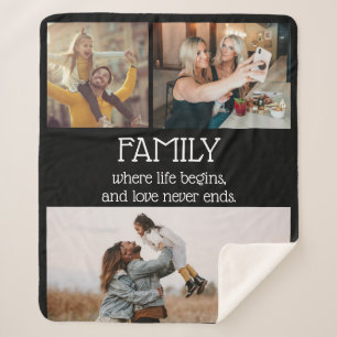 Family Quote Photo Collage Modern Black Sherpa Blanket