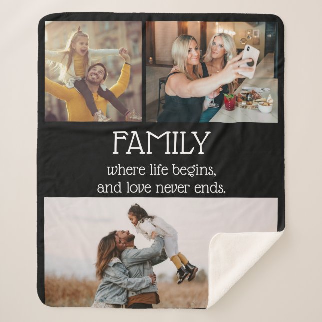 Family Quote Photo Collage Modern Black Sherpa Blanket (Front)