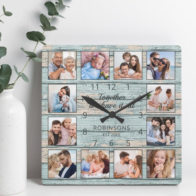 Family Quote Photo Collage Rustic Blue Wood Square Wall Clock (Creator Uploaded)