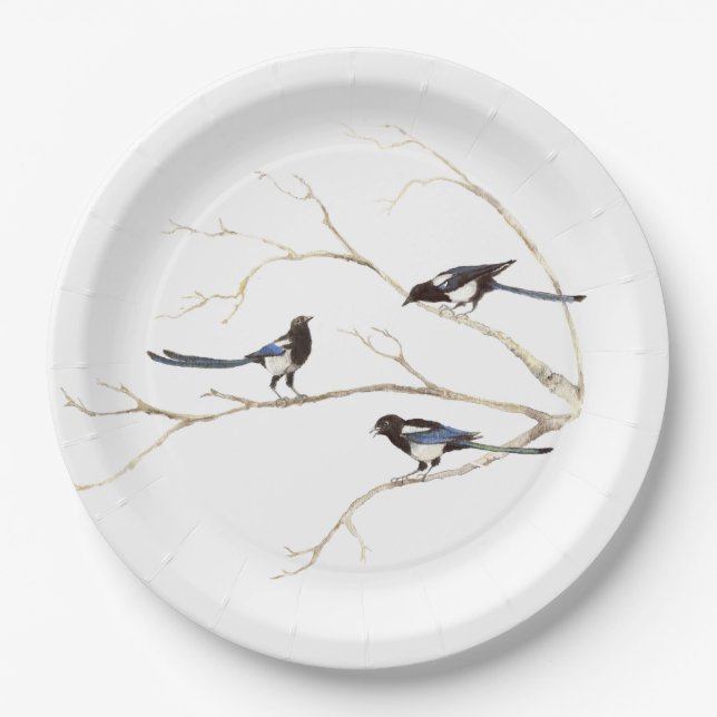 Family Quote with Watercolor Magpie Bird Family Paper Plate (Front)