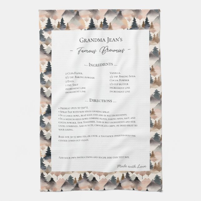 Family Recipe Heirloom Mountain Trees Tea Towel (Vertical)