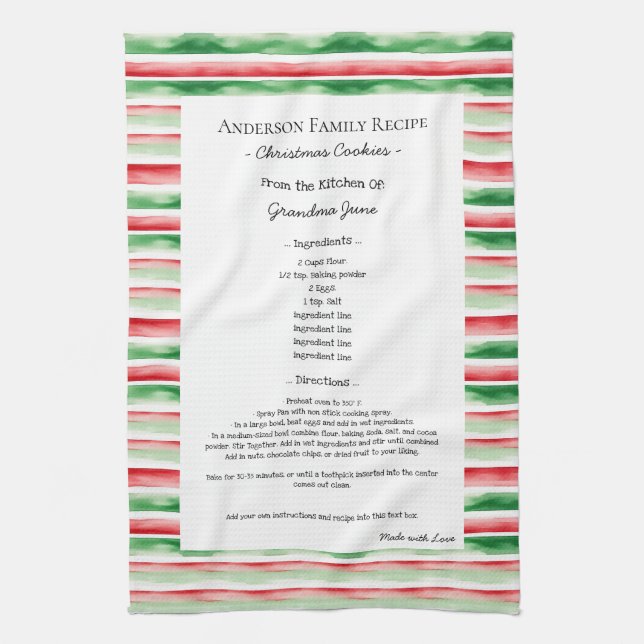 Family Recipe Heirloom Text Christmas Watercolor Tea Towel (Vertical)