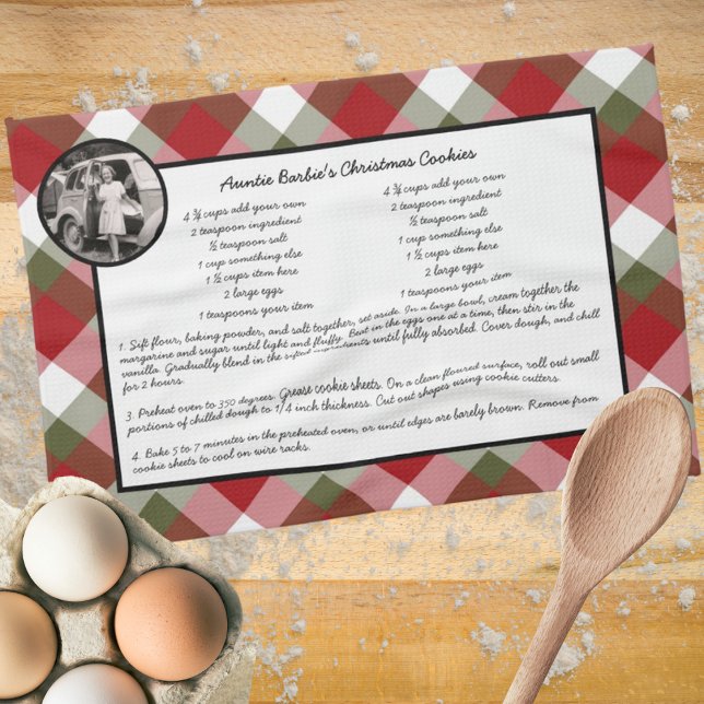 Family Recipe Holiday Keepsake Plaid Photo Gift Tea Towel (Creator Uploaded)