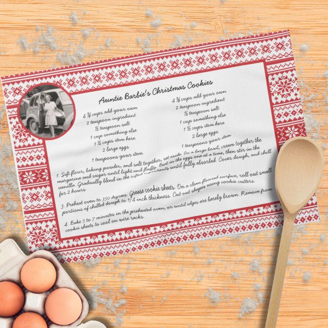 Family Recipe Holiday Red White Scandinavian Photo Tea Towel (Creator Uploaded)