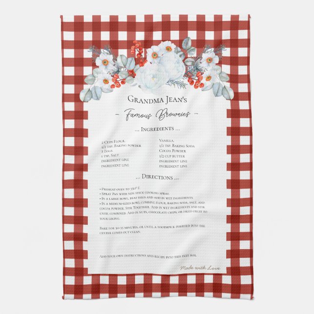 Family Recipe Keepsake Heirloom Christmas Floral Tea Towel (Vertical)