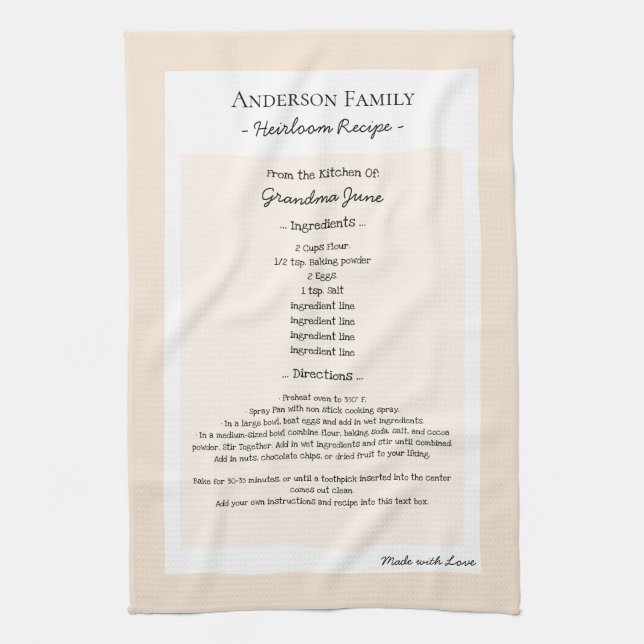 Family Recipe Keepsake Heirloom Text Tea Towel (Vertical)