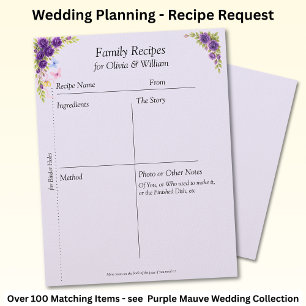 Family Recipe Sheets, Purple Mauve Flowers & White Custom Letterhead