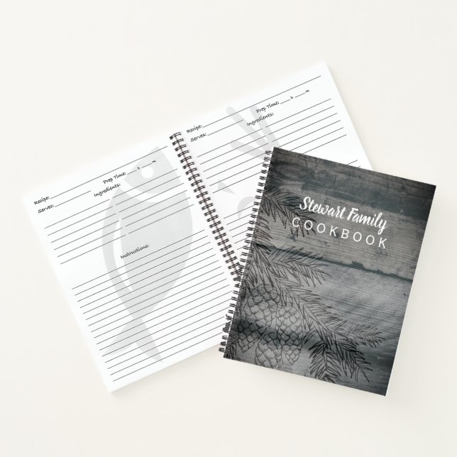 Family Recipes Cookbook Rustic Wood Pinecones Notebook (Inside)