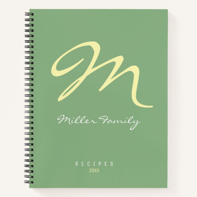 Family Recipes Monogrammed sage-green Notebook (Front)