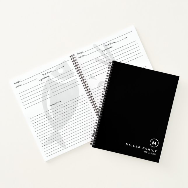 Family Recipes Simple Black White Monogram Notebook (Inside)