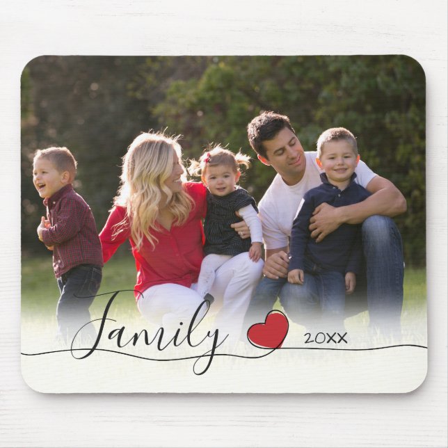 Family Red Heart Calligraphy | Horizontal Photo Mouse Mat (Front)