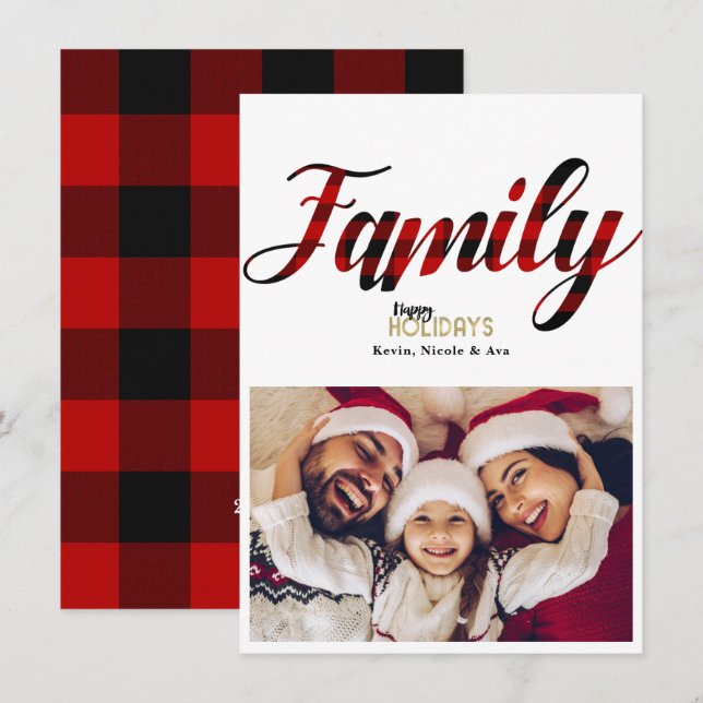 FAMILY Red Plaid Christmas Holiday Photo Card (Front/Back)