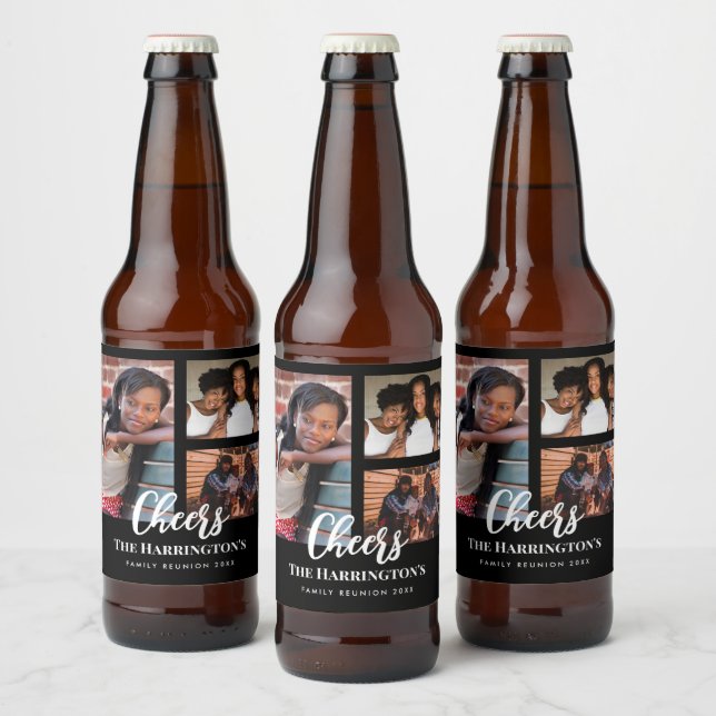 Family Reunion 3 Section Photo Collage Black Frame Beer Bottle Label (Bottles)