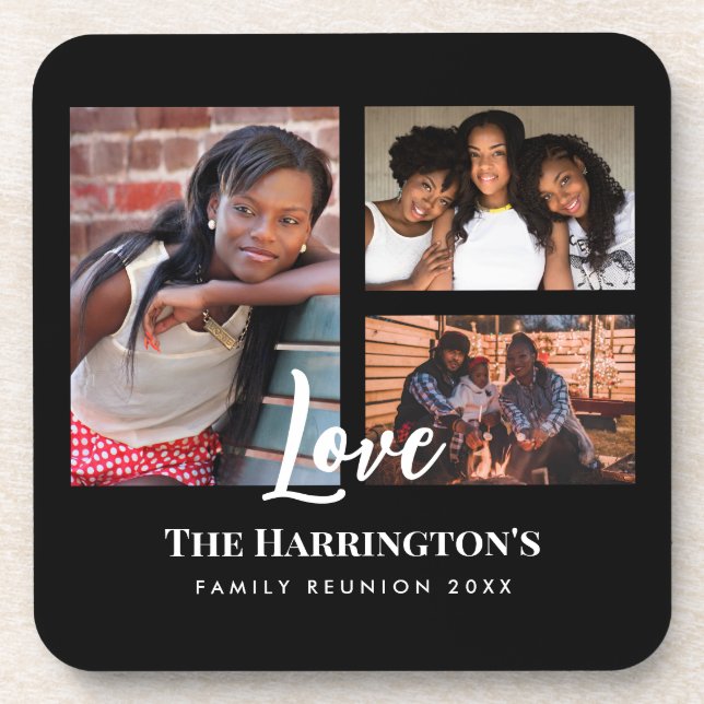 Family Reunion 3 Section Photo Collage Black Frame Coaster (Front)