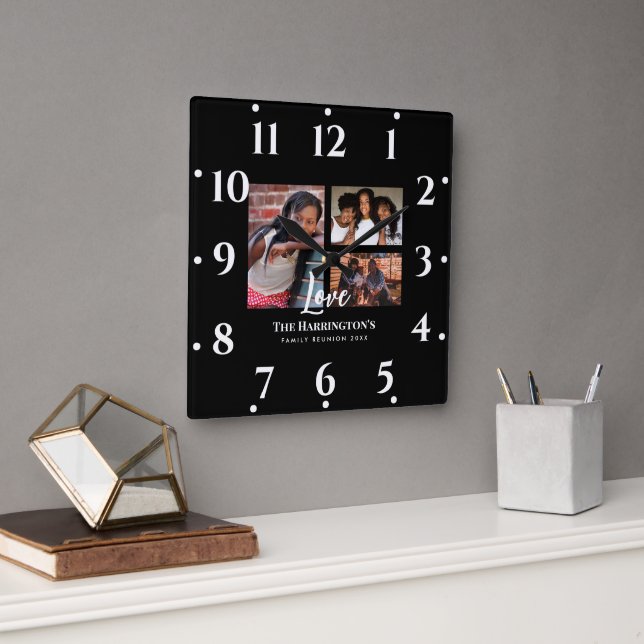Family Reunion 3 Section Photo Collage Black Frame Square Wall Clock (Office)