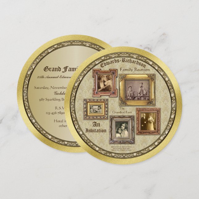 Family Reunion Antique Photo Frames Gold Collage Invitation (Front/Back)