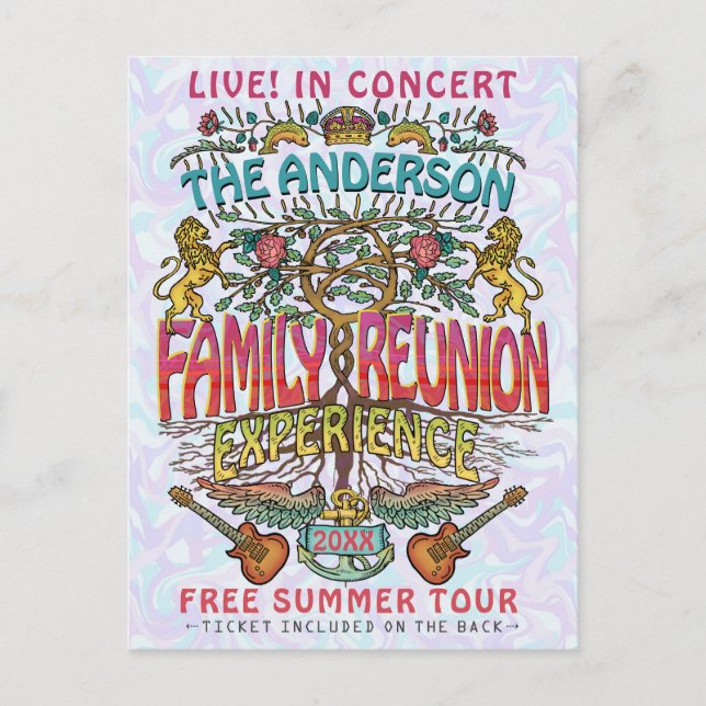 Family Reunion Band Concert Ticket Theme Retro 70s Postcard (Front)