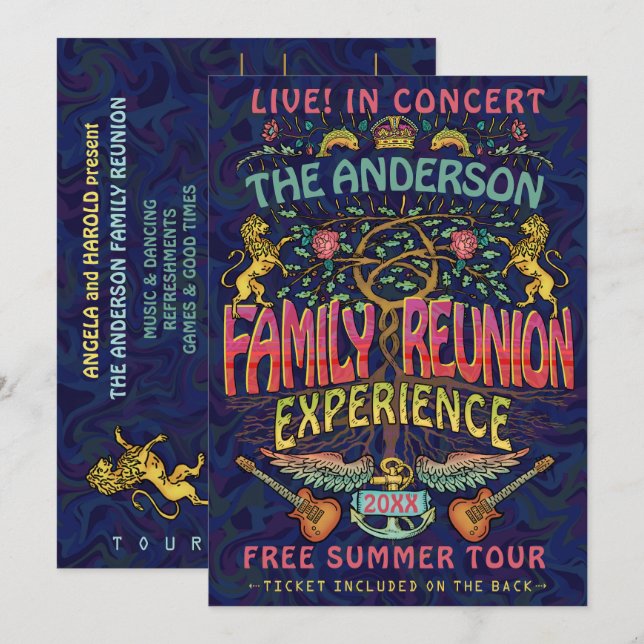 Family Reunion Band Retro 70s Concert Ticket Theme Invitation (Front/Back)