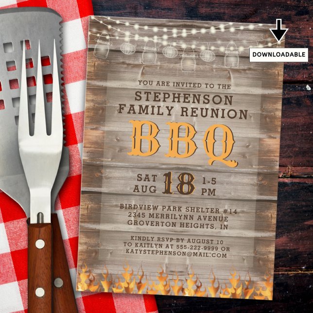 Family Reunion BBQ Rustic Wood Lights Invitation (Creator Uploaded)