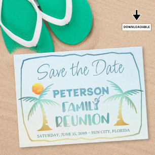 Family Reunion Beach Palm Trees Tropical Script Save The Date
